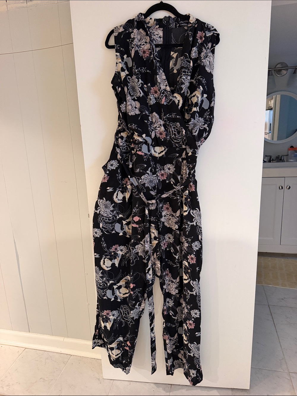 City Chic Black Floral Wrap Jumpsuit with Pink & Cream Accents